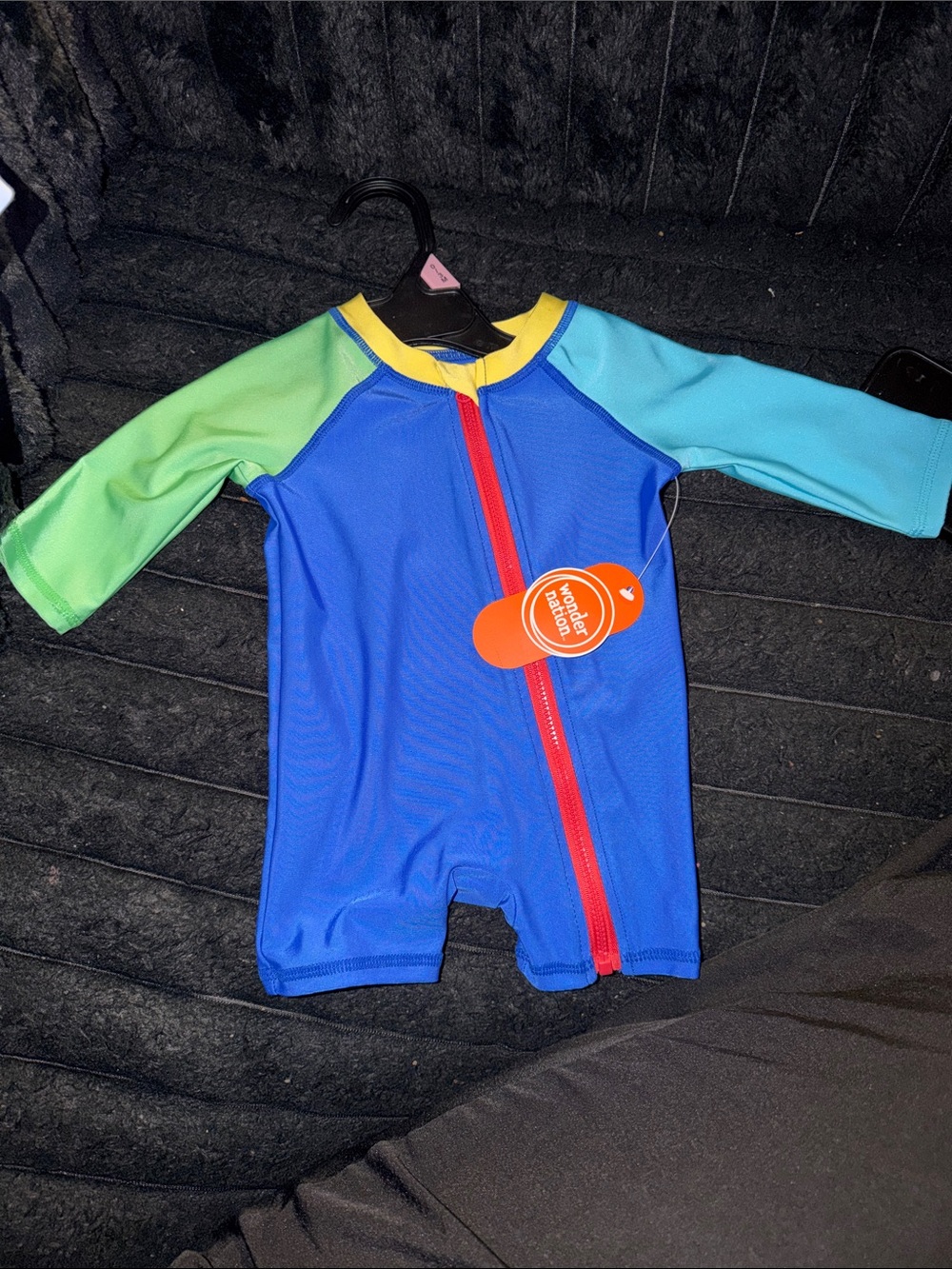 Kids Blue One-Piece Rash Guard Swimsuit with Colorblock Sleeves